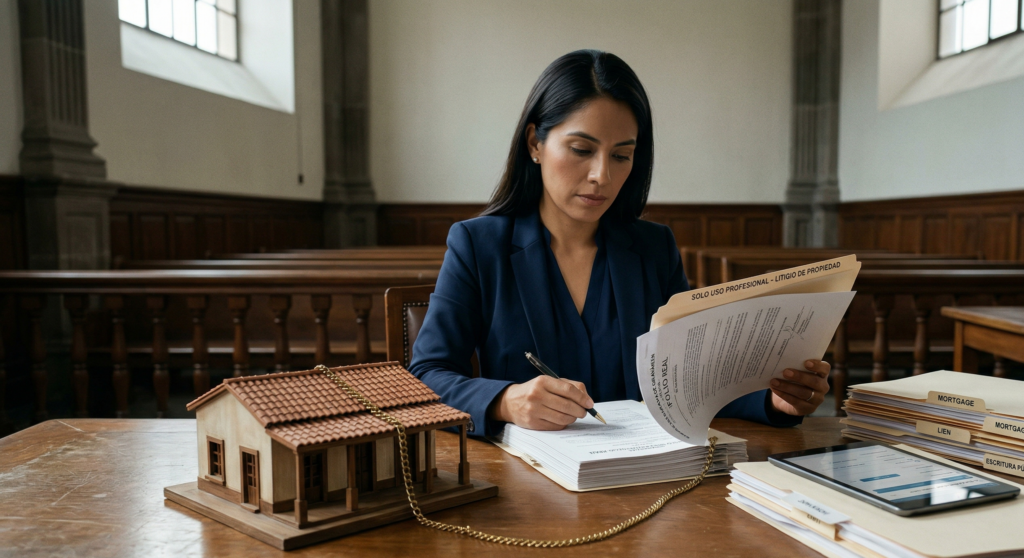 casa hipotecada con documento de hipoteca visible en primer plano