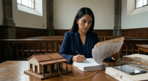 casa hipotecada con documento de hipoteca visible en primer plano