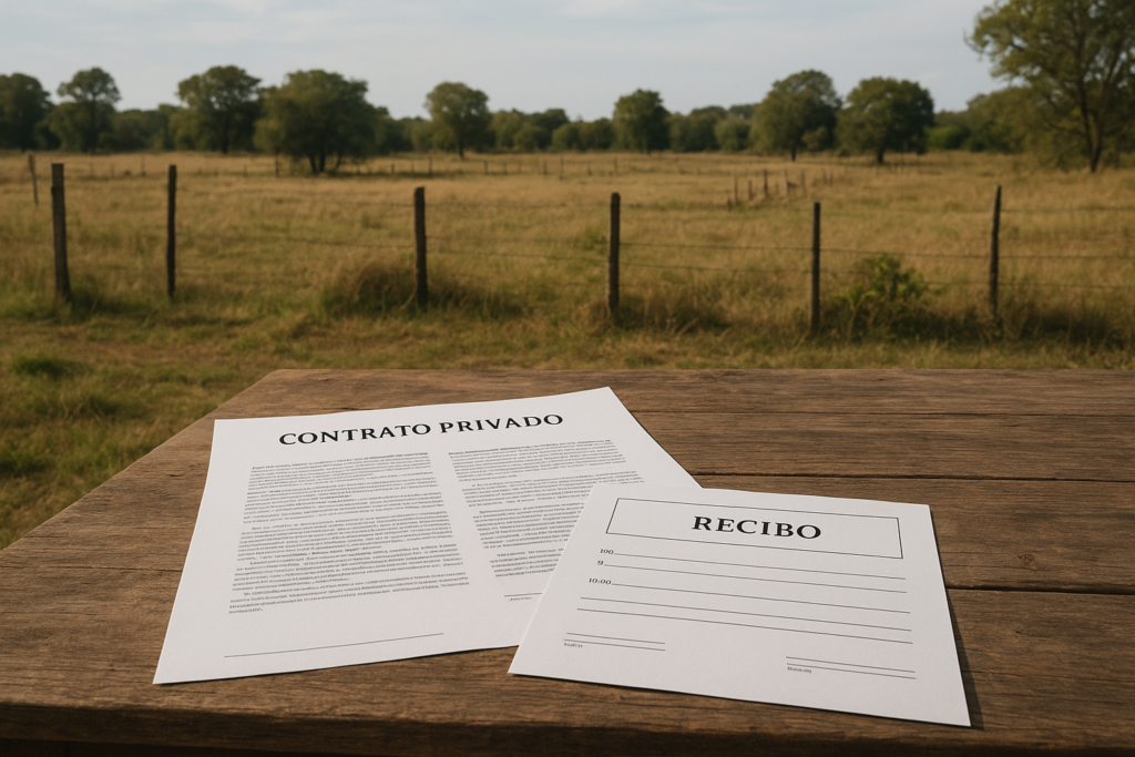 Fotografía de un terreno delimitado y documentos relacionados como contratos privados y recibos sobre una mesa en un entorno natural, representando la acreditación de la propiedad sin escritura pública