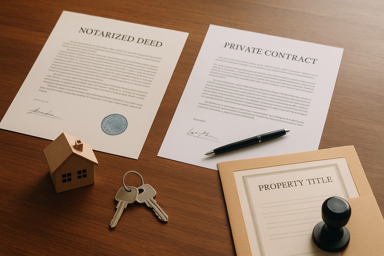 Vacant piece of land with a wire fence and legal documents like contracts and receipts on a table in the foreground