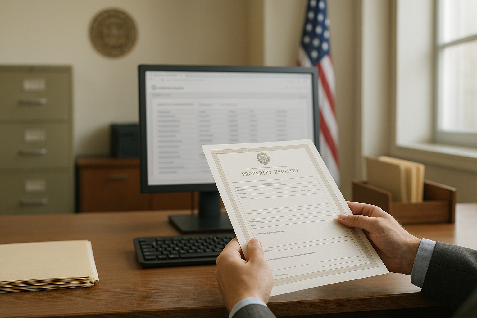 Modern house exterior with legal documents and a folder on a table, symbolizing property legal status verification