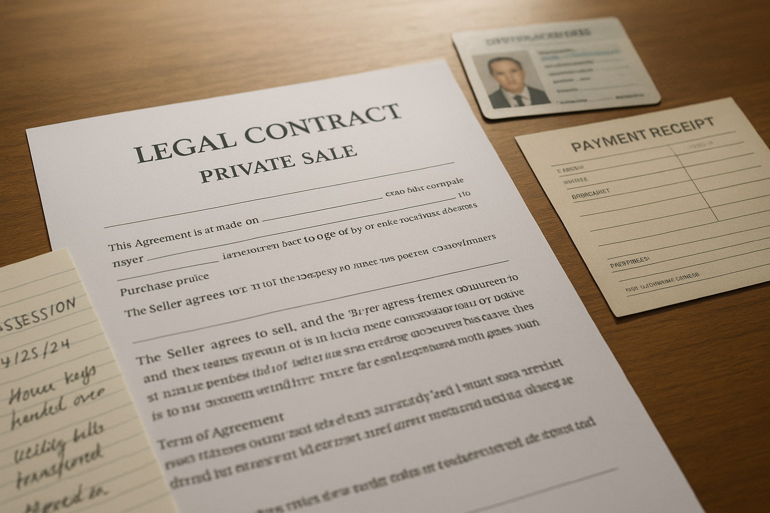Vacant land with legal documents including contract and receipts placed on a table representing a property without formal deed