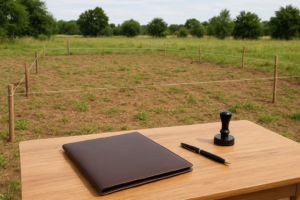 Fotografía profesional de un terreno rural delimitado con estacas de madera y documentos legales sobre una mesa cercana, representando el proceso de escrituración formal de una propiedad sin título previo
