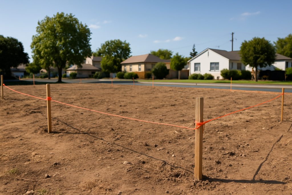 Photorealistic image of an empty plot of land marked with boundary stakes under clear daylight, set within a quiet neighborhood, symbolizing property formalization.