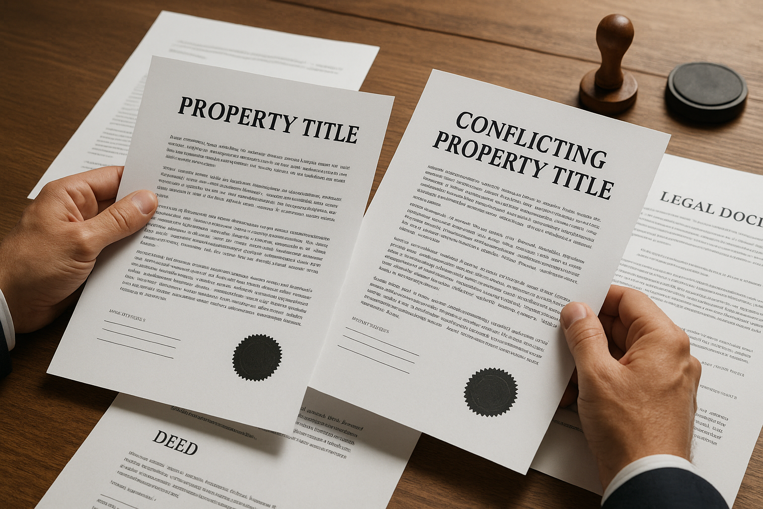 Legal documents and a residential house in the background representing a property ownership dispute in a professional office setting