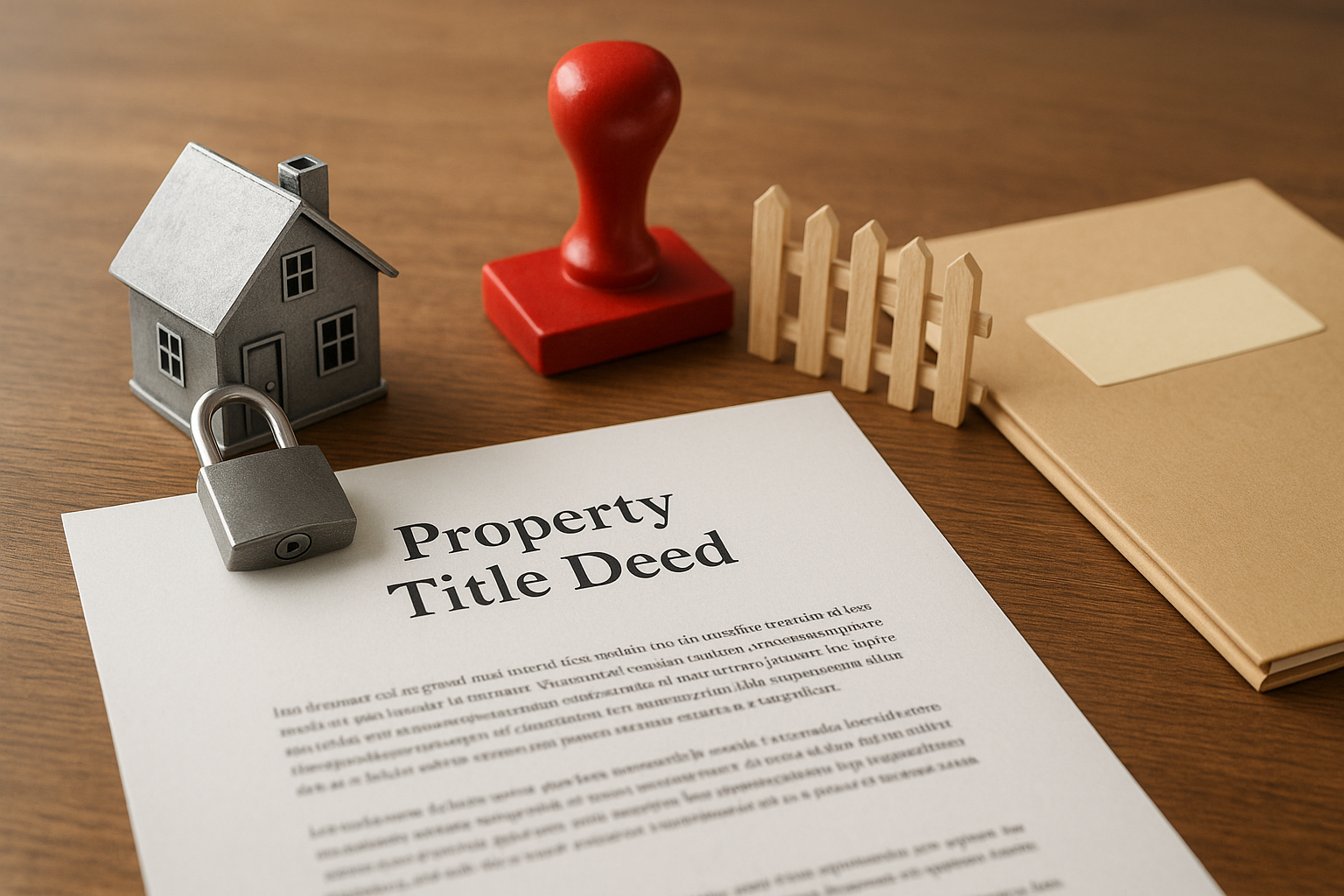 Photorealistic image showing a modern house exterior alongside legal and financial documents related to property ownership on a table