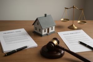 Legal documents and a residential house in the background representing a property ownership dispute in a professional office setting