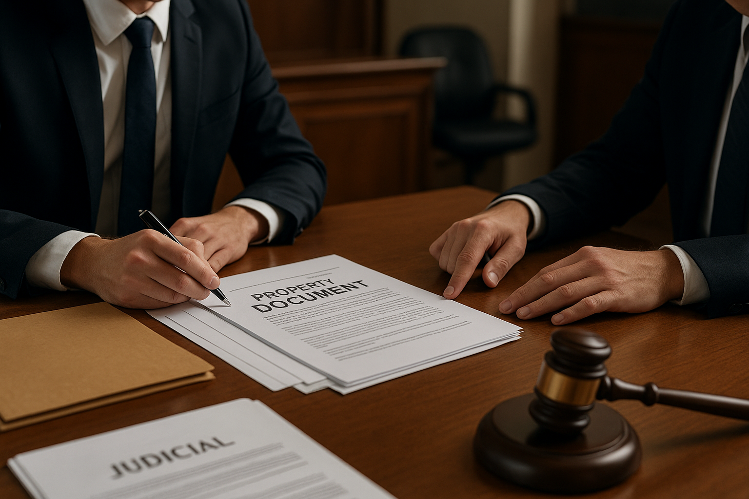 Fotografía de una propiedad residencial con documentos legales y un mazo, simbolizando una disputa legal sobre la propiedad