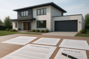 Photorealistic image showing a modern house exterior alongside legal and financial documents related to property ownership on a table