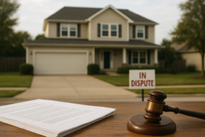 Fotografía de una propiedad residencial con documentos legales y un mazo, simbolizando una disputa legal sobre la propiedad