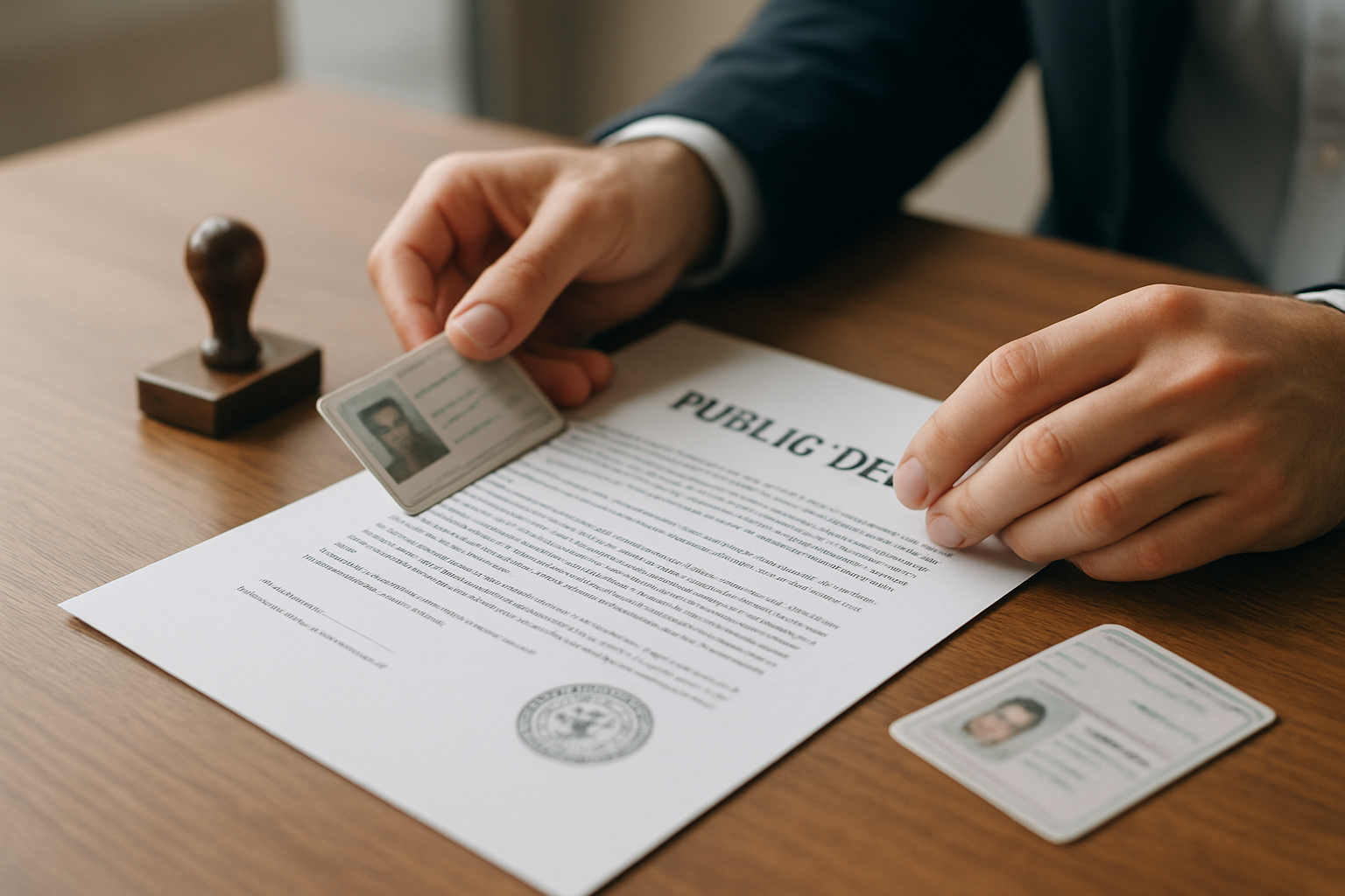 Photorealistic image of a piece of land with boundary markers, official property documents and identification cards on a table, with a registration office building in the distance under clear daylight