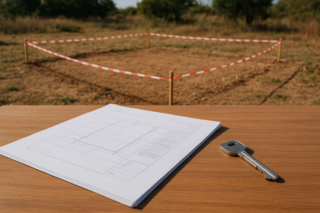 Terreno delimitado con estacas y cinta, con documentos legales y llave sobre una mesa en primer plano, representando la regularización de un terreno sin escrituras.