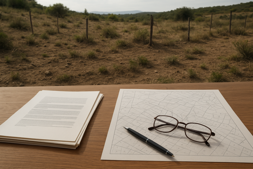 A rustic plot of land with scattered vegetation next to legal documents and a cadastral map on a wooden table under natural light