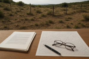 A rustic plot of land with scattered vegetation next to legal documents and a cadastral map on a wooden table under natural light