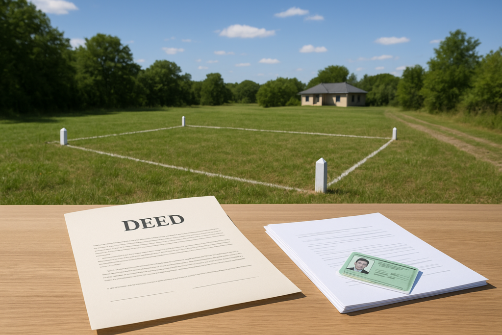 Photorealistic image of a piece of land with boundary markers, official property documents and identification cards on a table, with a registration office building in the distance under clear daylight