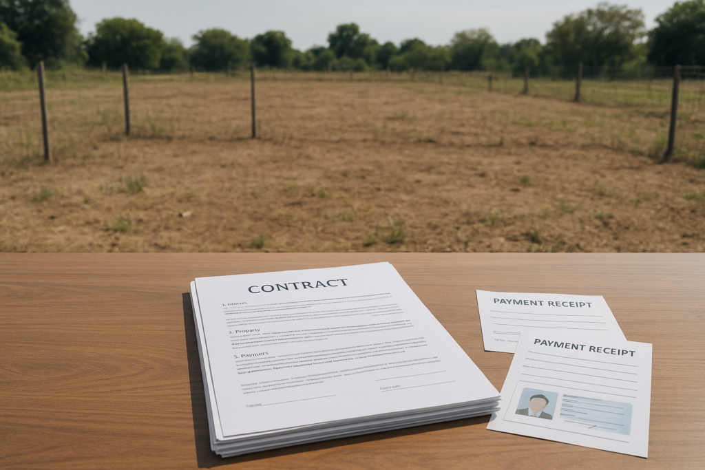 Vacant land with legal documents including contract and receipts placed on a table representing a property without formal deed