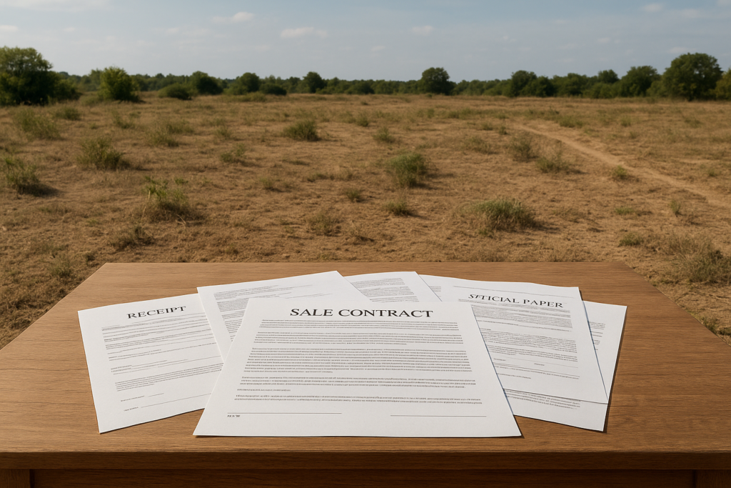 Vacant rural land plot with legal documents on a wooden table in natural daylight