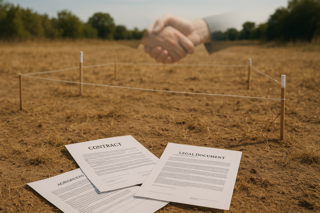 Bare plot of land with scattered legal papers and boundary markers under natural daylight, symbolizing unregistered property