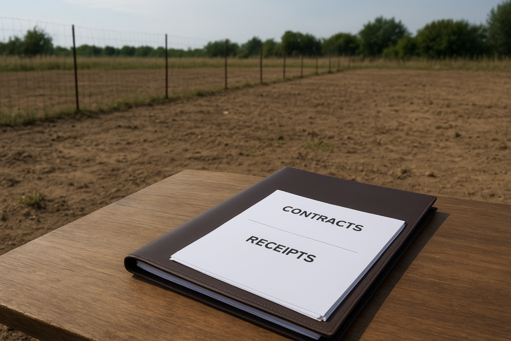 Vacant piece of land with a wire fence and legal documents like contracts and receipts on a table in the foreground