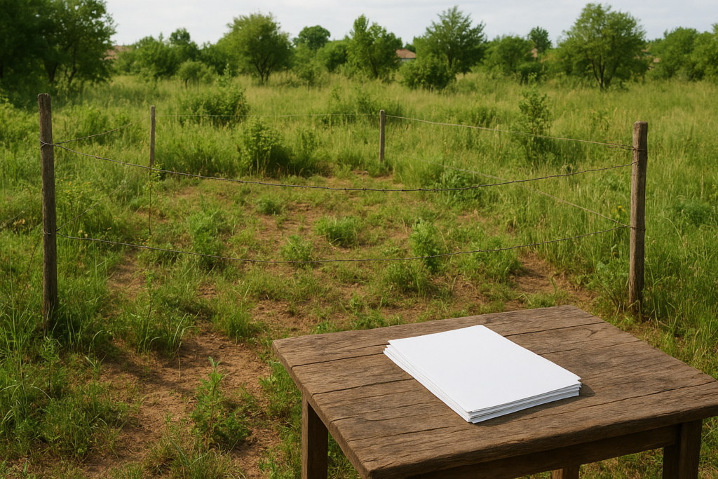 Photorealistic image of a rural plot of land without official property documents, highlighting legal uncertainty