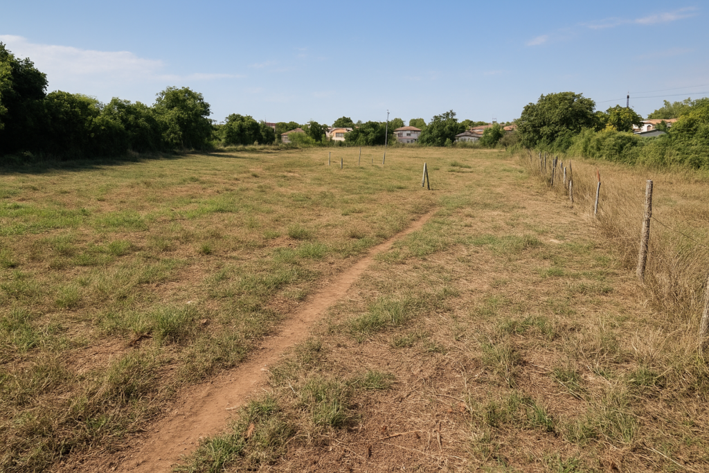 Vista aérea de un terreno rural sin escrituras mostrando límites informales delimitados por cercas y vegetación