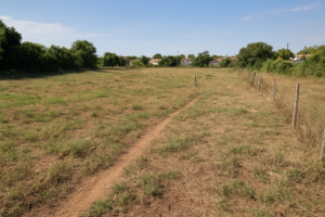 Vista aérea de un terreno rural sin escrituras mostrando límites informales delimitados por cercas y vegetación