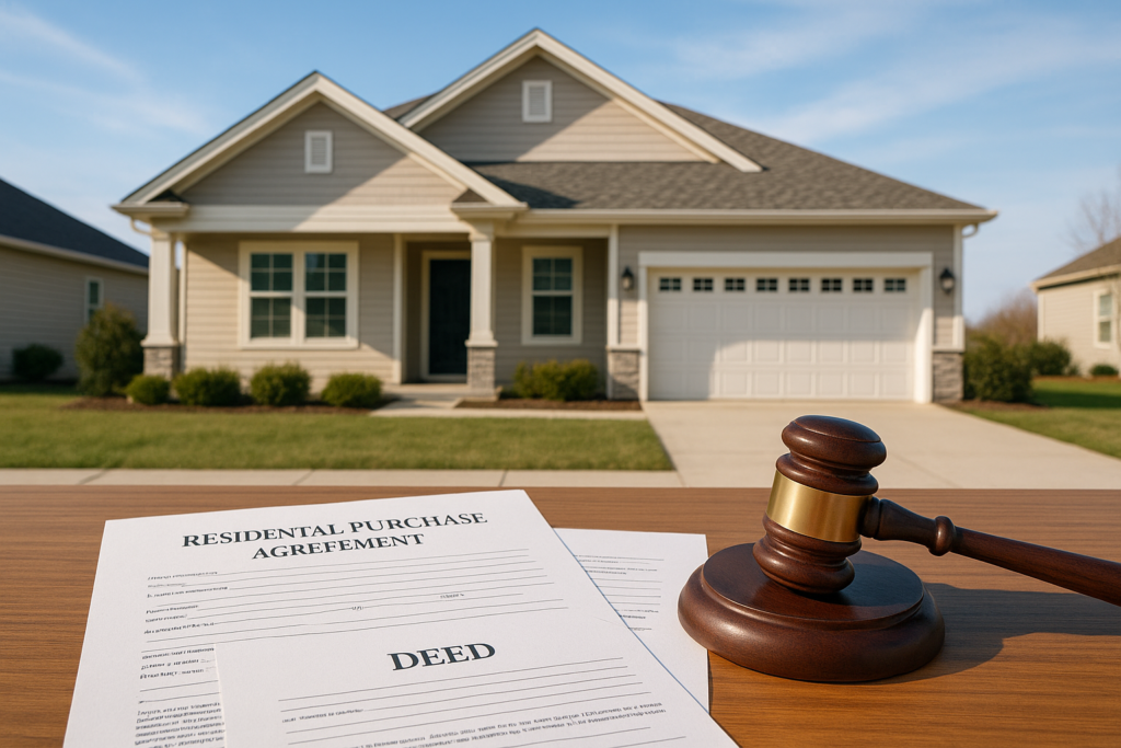 Casa residencial con documentos legales y un mazo de juez sobre una mesa, representando problemas legales en la venta de la propiedad