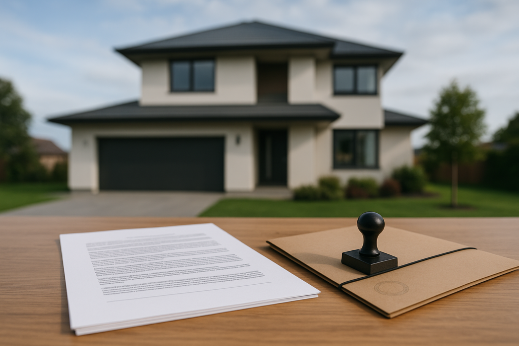 Modern house exterior with legal documents and a folder on a table, symbolizing property legal status verification