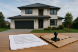 Modern house exterior with legal documents and a folder on a table, symbolizing property legal status verification